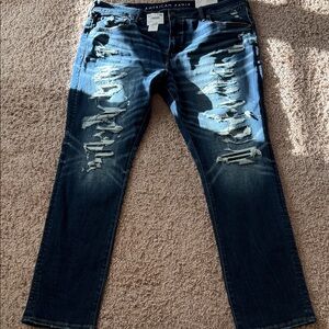 American Eagle Outfitters Men's Dark Blue Slim Straight Ripped Jeans